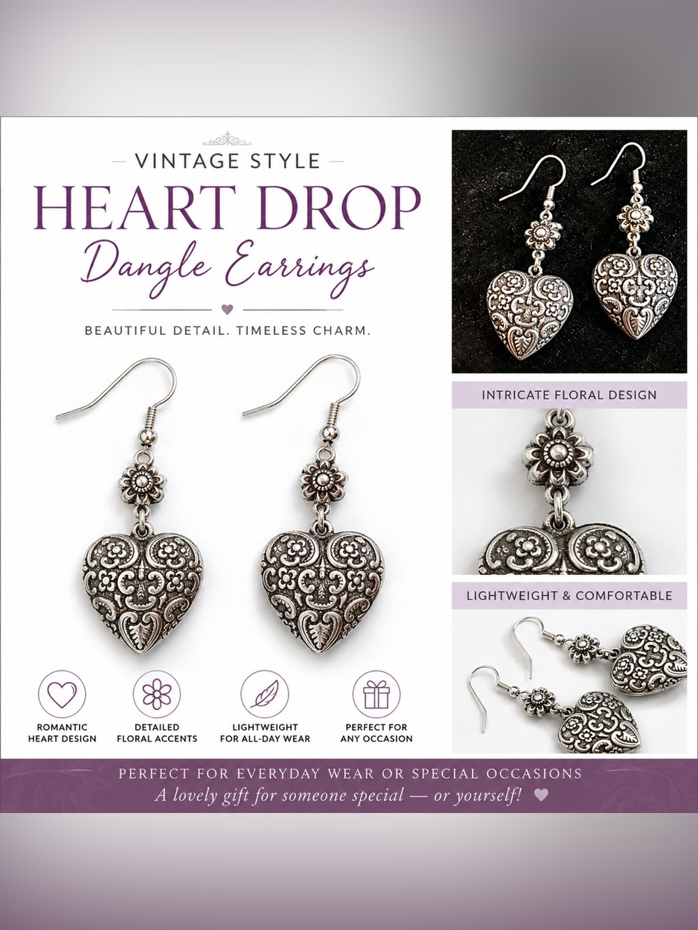 Vintage Style Heart Drop Dangle Earrings -Silver Tone (J-0003)